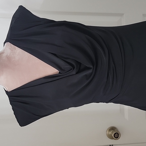 Ronni Nicole, Size 8 Little Black Dress, Draped Neckline Ruched Side Midi Length - Picture 2 of 15